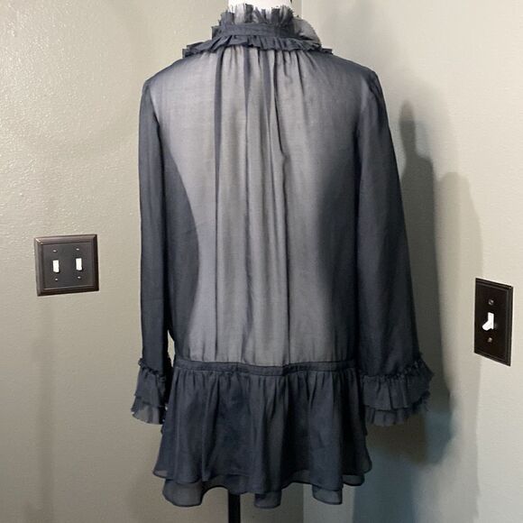 Rebecca Taylor Black Sheer Button Down Ruffle Blouse Long Sleeve - Picture 7 of 12